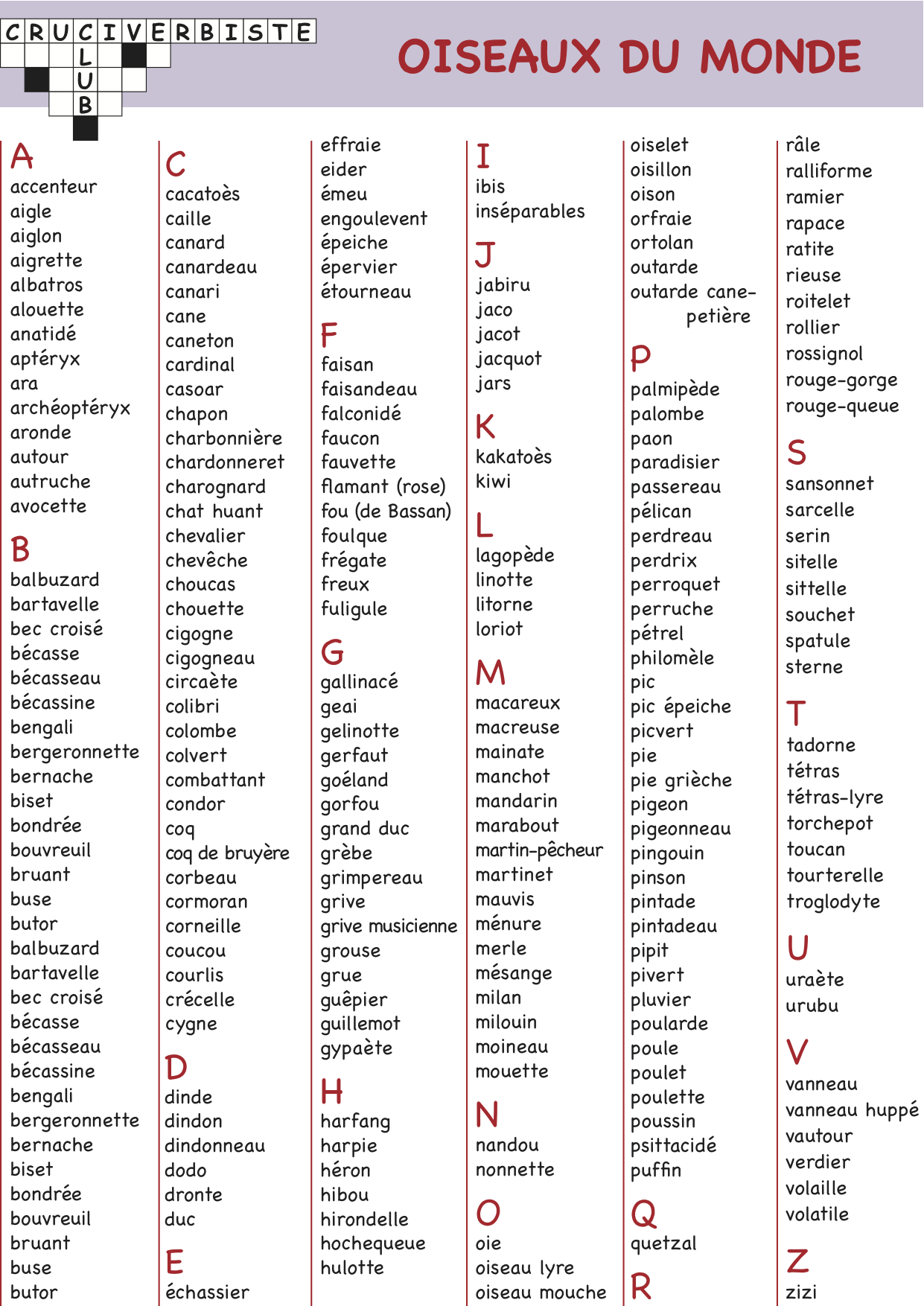 Le Notre S'appelle Mon Animal Mots Fléchés oiseaux - Cruciverbiste.club